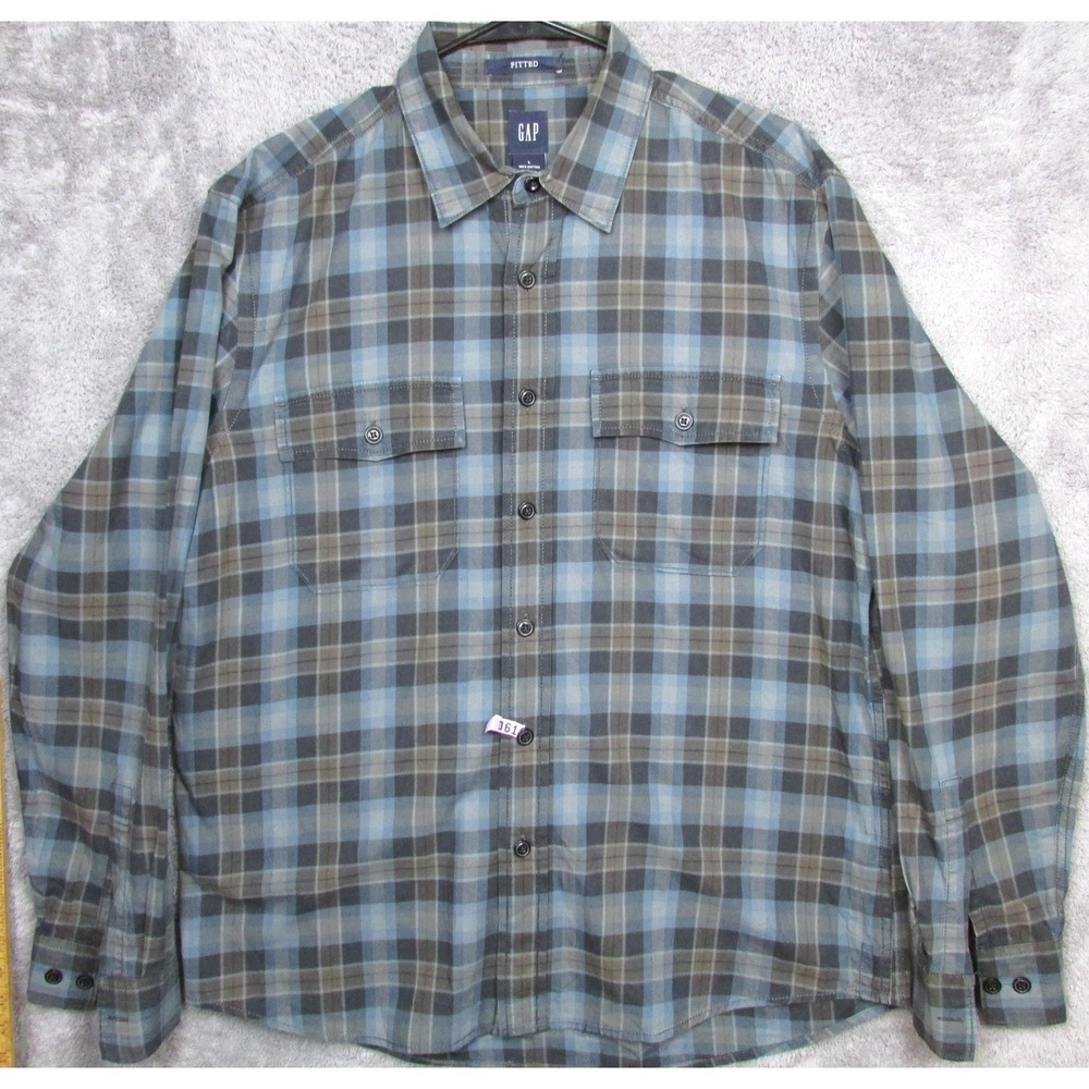 Gap Shirt Mens Large Blue Gray Plaid Fitted Long Sleeve Button Front Cotton